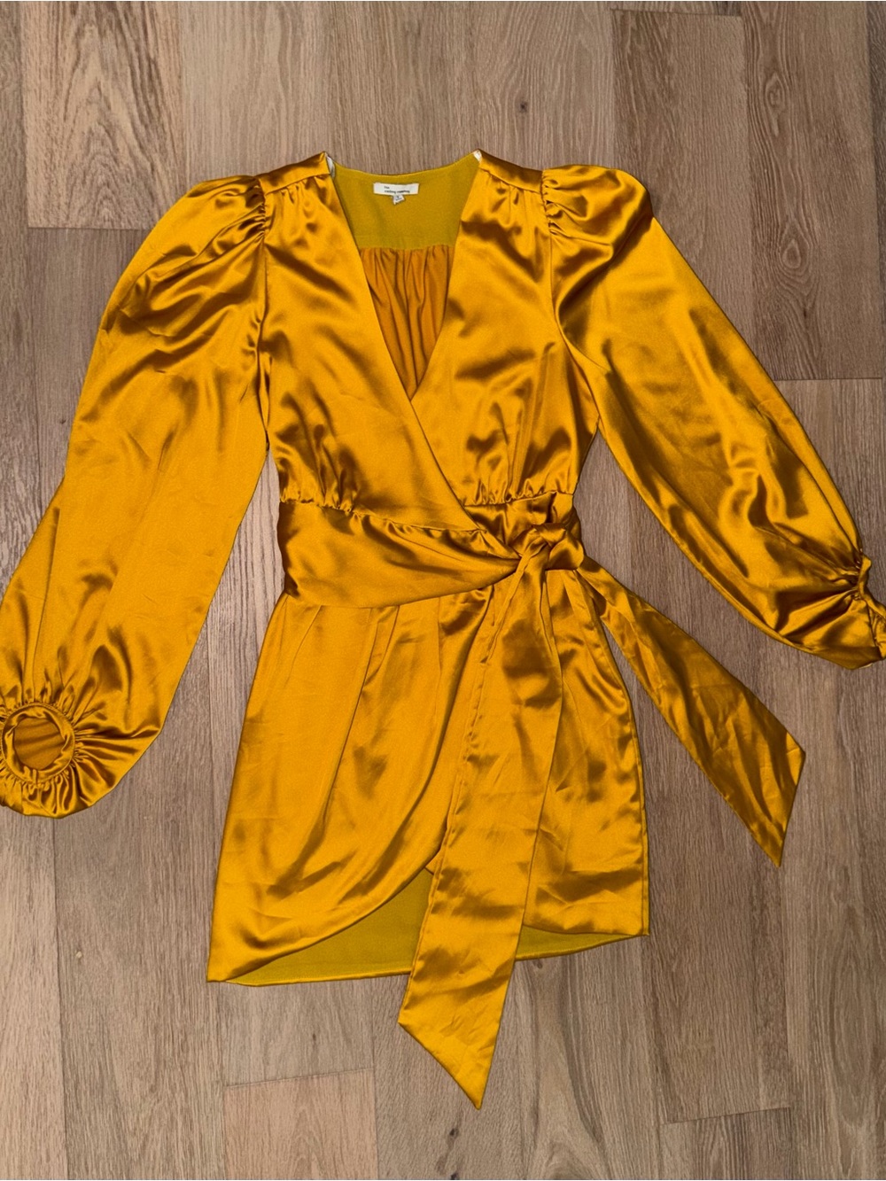 The Clothing Company Gold Satin Wrap Mini Dress with Puff Sleeves